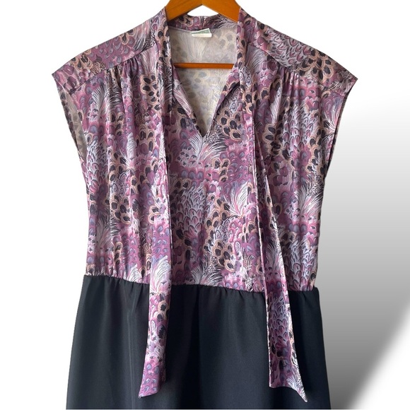 Vintage 1970s Top Made Purple Floral Pullover Dress M Short Sleeve Bow Tie - Picture 5 of 6